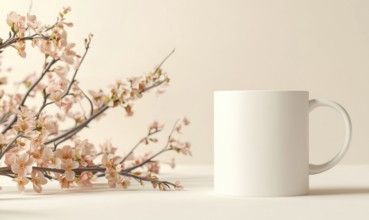 A white coffee cup sits on a table next to a bunch of pink flowers. The cup is empty and the