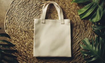 A beige tote bag on a woven mat surrounded by tropical leaves. AI generated