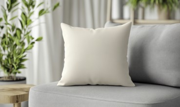 A white pillow sits on a gray couch in a living room. The pillow is placed on a chair and is