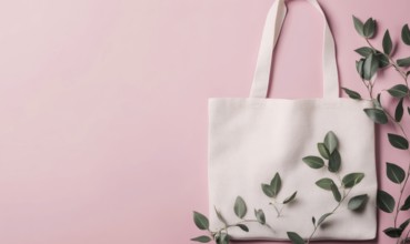 A white bag with green leaves on it is on a pink background. The bag is the main focus of the