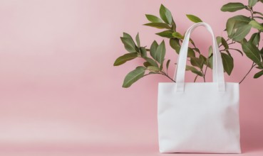 A white bag with a leaf on it is on a pink background. The bag is placed in front of a plant, which