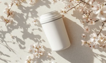 A white cup is sitting on a table next to a bunch of pink flowers. The cup is empty and the flowers