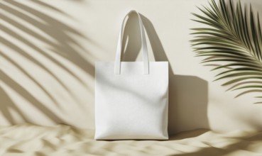 A white bag with a leaf design on it is sitting on a sandy beach. The bag is the main focus of the