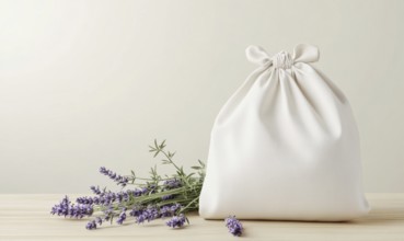 A white bag with a purple flower on it sits on a table. The bag is tied with a string and is placed