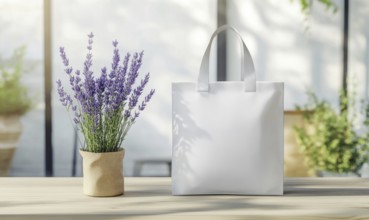 White eco bag mockup on a light wooden table, accented with fresh lavender sprigs, photorealistic