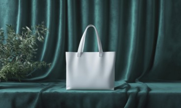 A white purse is displayed on a green background. The purse is the main focus of the image, and the
