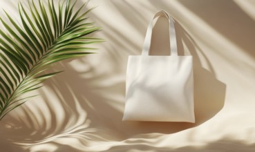 A white tote bag is sitting on a tan surface with a leafy green palm tree in the background.