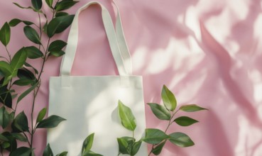 A white tote bag is placed on a pink background with green leaves. The bag is empty and the leaves