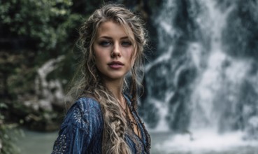 A woman with long hair stands in front of a waterfall. She is wearing a blue dress and has her hair