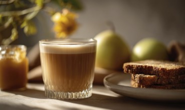 A glass of coffee sits on a table next to a plate of toast and apples. The scene is simple and