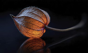 A leaf with a stem is shown in a black background. The leaf is orange and has a shiny, wet