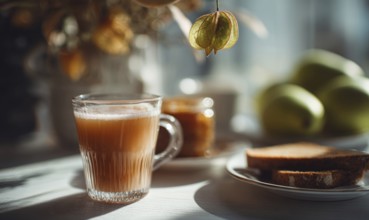 A glass of juice is placed on a table next to a plate of toast and a vase of flowers. The table is