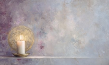 A candle is lit on a small gold plate. The candle is surrounded by a purple background. AI