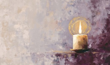 A candle is lit in a painting of a room with a purple background. The painting has a mood of warmth