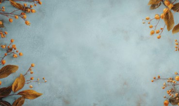 A blue background with orange flowers and leaves. The flowers are scattered around the background