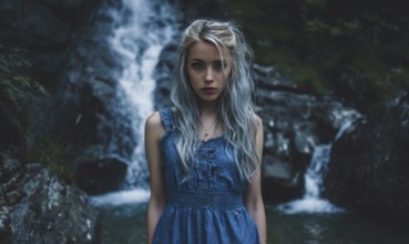 A woman in a blue dress stands in front of a waterfall. The image has a serene and peaceful mood,