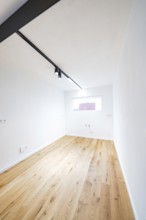 Narrow room with oak flooring and window, the black light track accentuates the clear design, house
