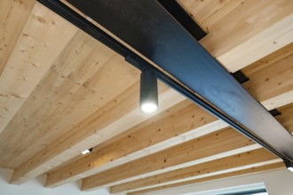 Wooden beam ceiling with black rail spot, warm light and modern, quiet atmosphere, house