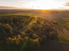 Autumn forest and fields in warm evening light, seen from the air, Venusberg, Aidlingen, Germany