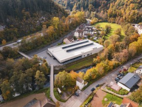 Sports hall in a valley landscape, surrounded by thick forests and a small river, Walter Lindner