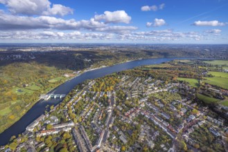 Aerial view, residential area town view Werden am Lake Baldeney with dam RWE hydroelectric power