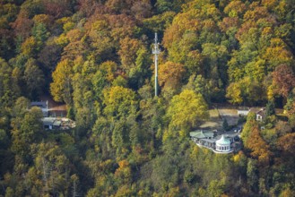 Aerial view, Villa Vue restaurant and round bay window in autumn forest, radio tower, Bredeney,