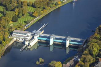 Aerial view, Lake Baldeney with dam RWE hydroelectric power plant Baldeney, Werden, Essen, Ruhr
