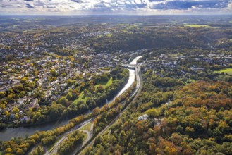 Aerial view, Brehminsel with Heyerstrang, below Villa Vue Restaurant in Herbstwald, Ruhr River and