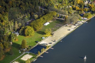 Aerial view, seaside beach Baldeney beach, fischlaken, Essen, Ruhr area, North Rhine-Westphalia,