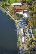 Aerial view, construction site with new regatta track for new regatta stand, ETUF tennis courts,