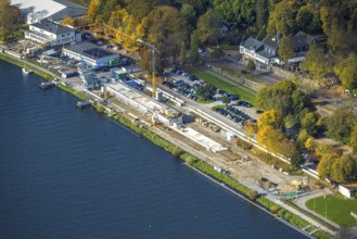Aerial view, construction site with new regatta track for new regatta stand, Hotel Parkhaus Hügel,