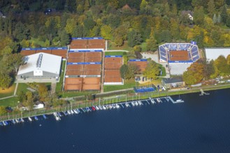 Aerial view, ETUF e.V. tennis courts and arena with stand, sailboats and boat dock on Lake
