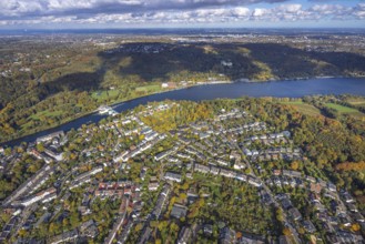 Aerial view, town view of Werden district, Lake Baldeney with dam RWE hydroelectric power plant
