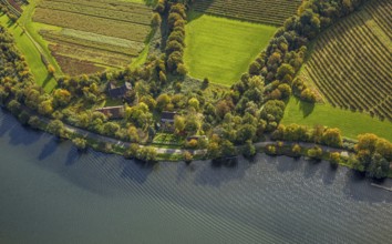 Aerial view, restaurant Haus am See, Lake Baldeney and autumnal forest, half-timbered building