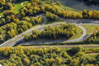 Aerial view, bridge and driveway Bredeneyer Straße, federal road B224 on the river Ruhr, railway