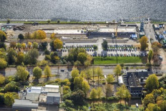 Aerial view, construction site with new regatta track for new regatta stand, fishing lake, Essen,