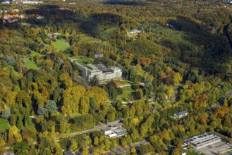 Aerial view, Villa Hügel and Hügelpark with autumnal Krupp forest, former home of the Krupp