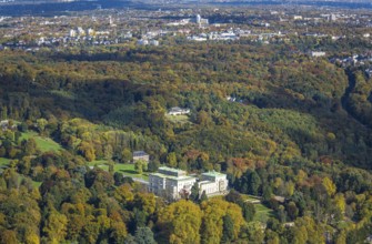 Aerial view, Villa Hügel and Hügelpark with autumnal Krupp forest, former home of the Krupp