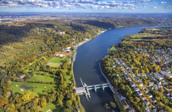 Aerial view, Lake Baldeney with RWE Hydroelectric Power Station Baldeney dam, Golfriege ETUF e.V.