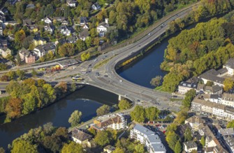Aerial view, district of Werden with Gustav Heinemann bridge and river Ruhr, Heidhausen, Essen,