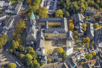 Aerial view, Catholic Basilica of St. Ludgerus and Folkwang University of Arts, construction site