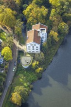 Aerial view, Weiße Mühle an der Schleuse Neukirchen am Fluß Ruhr, trees in autumn colors, Bredeney,