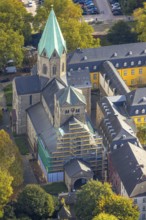 Aerial view, Catholic Basilica of St. Ludgerus and Folkwang University of Arts, construction site