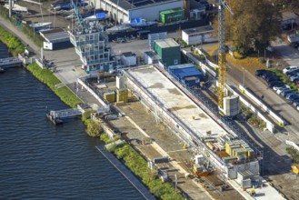 Aerial view, construction site with new regatta track for new regatta tribune, fishing lake, Essen,