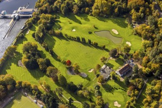 Aerial view, Golfriege ETUF e.V. golf course at Lake Baldeney, trees in autumn colors, Bredeney,