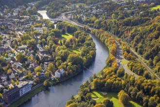 Aerial view, river Ruhr and Brehminsel with Heyerstrang, district of Werden with Gustav Heinemann