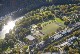 Aerial view, sports hall and sports field Löwental Werden, soccer stadium and athletics stadium,