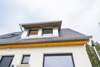 Detailed view of a modern dormer with zinc and wood under overcast sky, house renovation, climate
