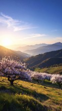 Landscape with a blooming apricot tree, idilyc spring nature, green grass and mountains in