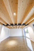 Living area with solid wooden ceiling and black steel beams over polished concrete floor, lots of